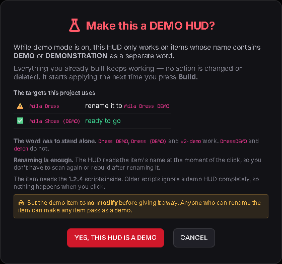 The confirmation lists your targets and tells you which ones still need DEMO in the name.