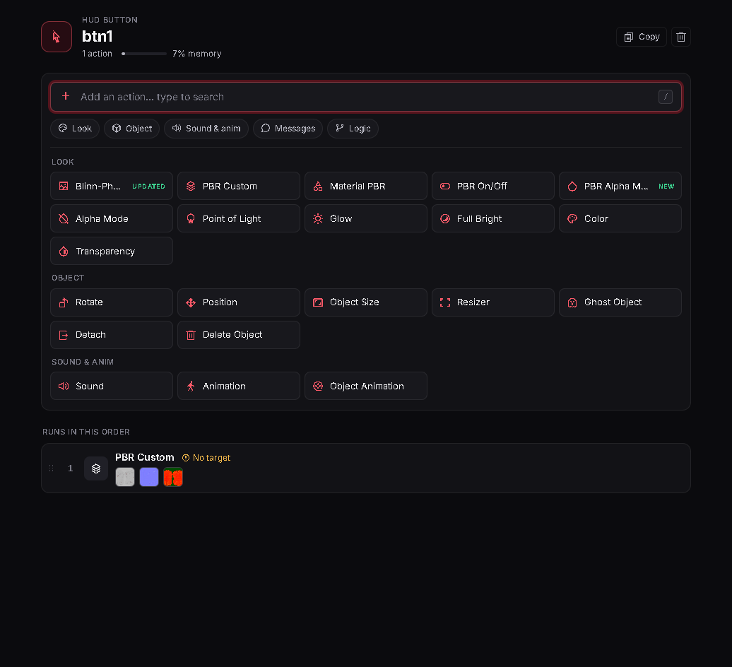 The Add action bar opened: every action, by category.