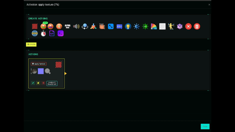 Click the thumbnail on an action card, pick another asset, done.