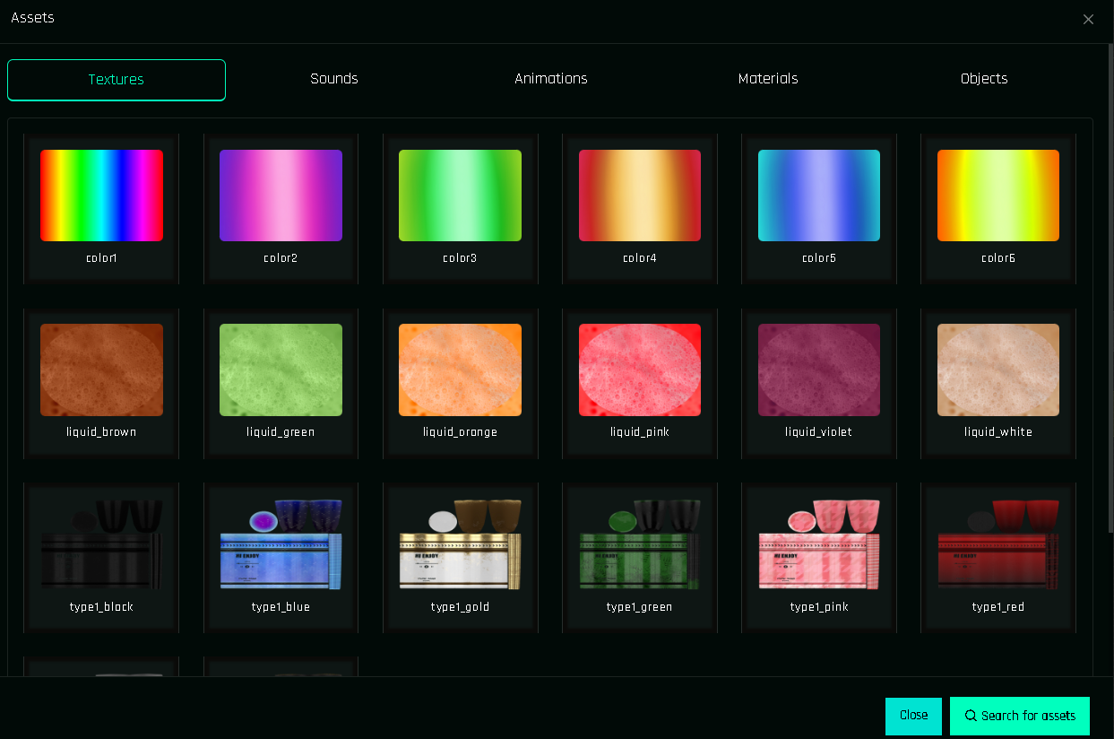 The assets window with textures loaded. Tabs switch between asset types.