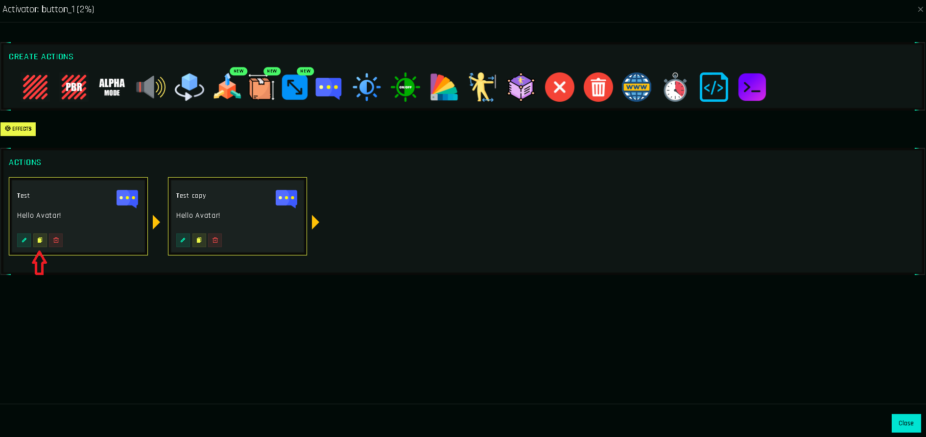 Edit, clone and delete buttons on an action card.