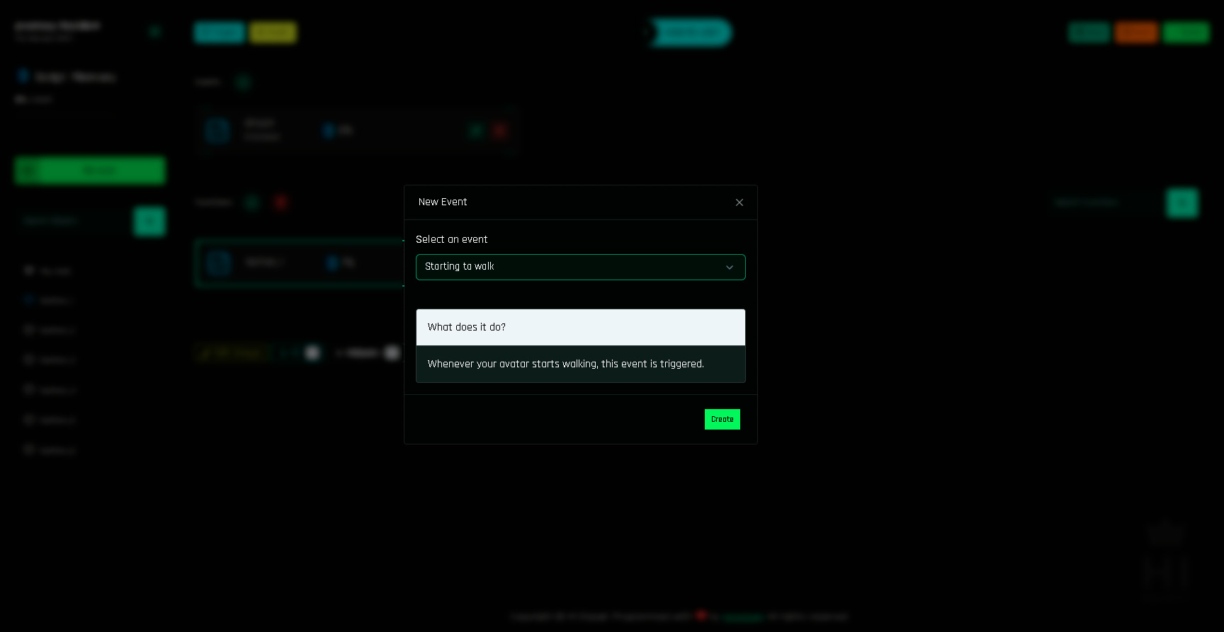Registered events appear as functions in the Events row.