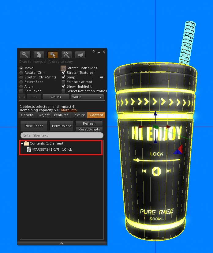 The TARGETS configuration menu appears once, right after the script is added.