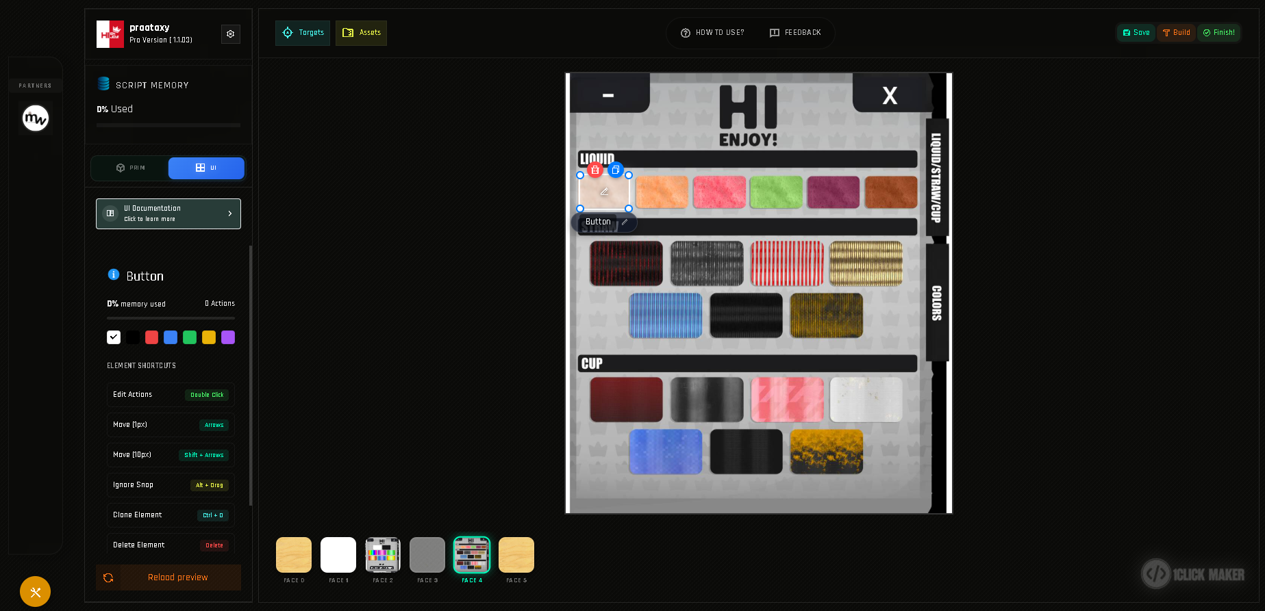 UI Mode: the HUD texture on a canvas, with drawn buttons.