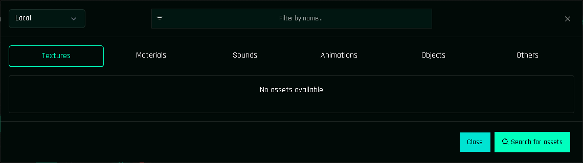 The assets window. Source (Local/Storage), filter, type tabs, and the scan button.