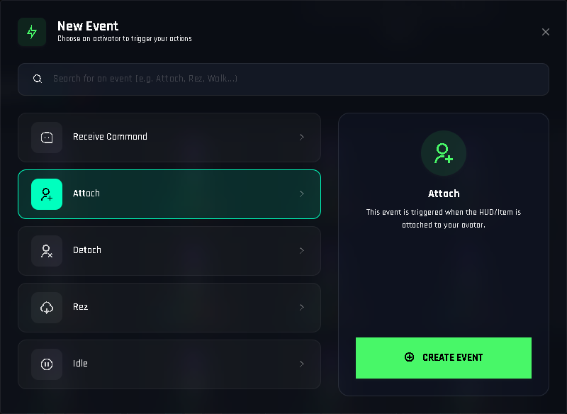 The New Event window. Events already in use are marked.