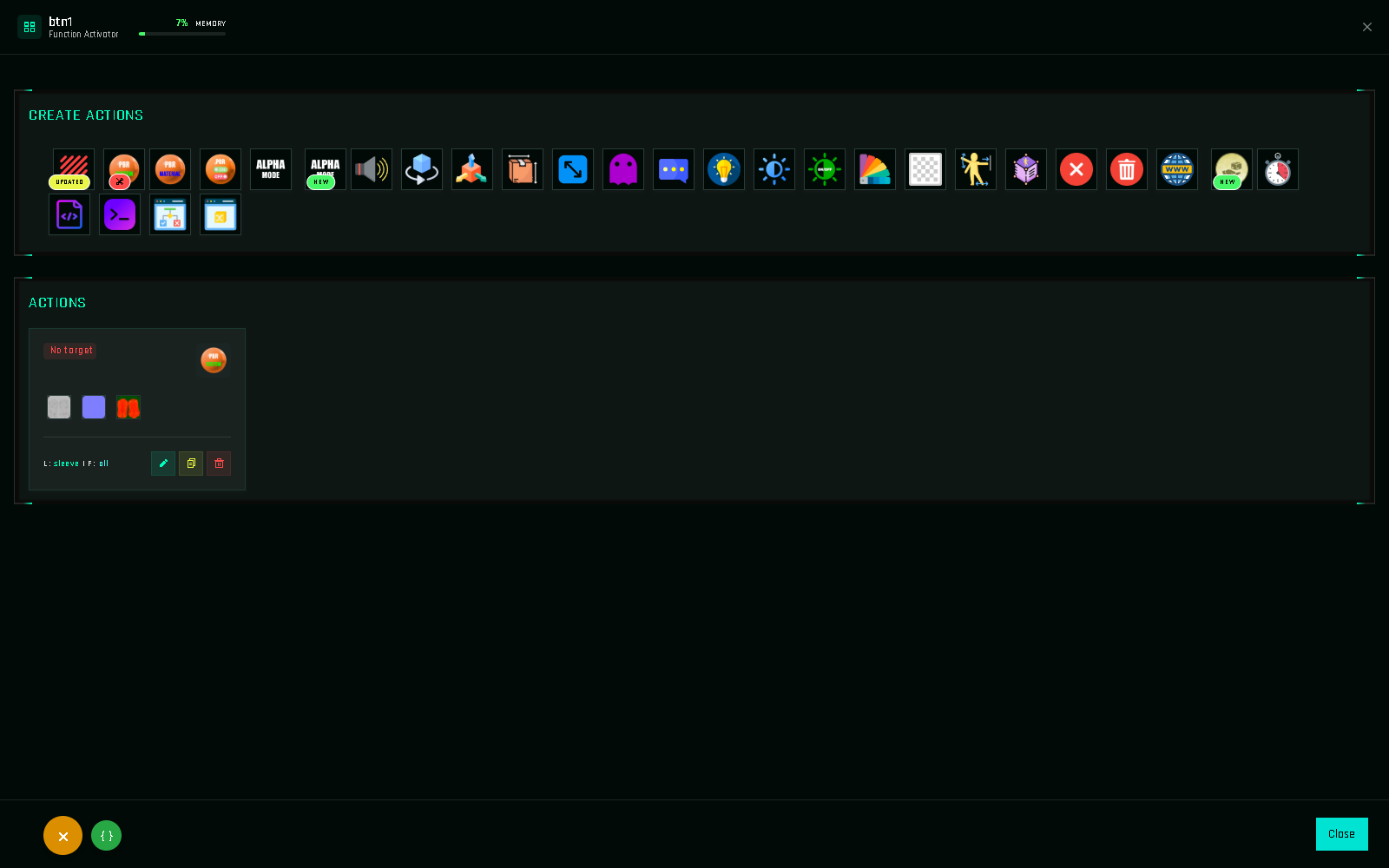 The action editor. Top: the grid of available actions. Bottom: the ordered list of this function's actions.