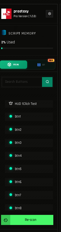 Account card, memory, mode switch and the button list.