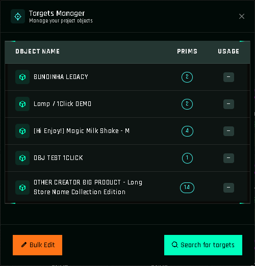 The Targets Manager after a scan. 'Usage' counts the actions that point at each target.